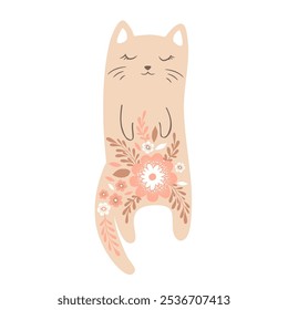 Vector illustration in pastel colors with cute cartoon cat and flowers isolated on white background. Adorable animal design for card, poster print, wallpaper, nursery decoration