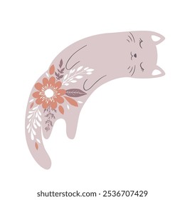 Vector illustration in pastel colors with cute cartoon cat and flowers isolated on white background. Adorable animal design for card or poster print, wallpaper, nursery decoration