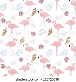 Vector illustration in pastel colors featuring flamingos, tropical leaves and exotic flowers.