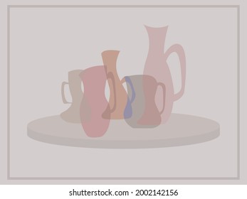 ilustración vectorial en colores pastel con la imagen de jarras en forma de fantasía para la decoración de cocinas, comedores y para las casas y apartamentos decorativos