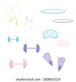 Vector illustration in pastel colors on the theme of a healthy lifestyle, sports equipment. For print, postcards, textiles and fabric