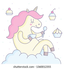 Vector illustration: pastel cute unicorn with cup of tea in hands, cupcakes in sky and sits on clouds isolated on white background. Design for posters and greeting cards, childish print for stickers,