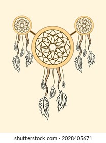 vector illustration of a pastel dream tacher with a variation of three rings with strings and a goose feather, suitable for wall decoration, t-shirt designs, wallpapers, logos, decorative ornaments an