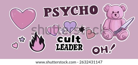 Vector illustration with pastel emo stickers: pink heart, “PSYCHO” text, “oh!” text, pink rose, teddy bear holding a knife, and a fire flame, all on a light mauve background with white outlines.