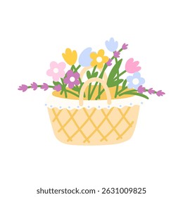 Vector illustration of a pastel flower basket with fresh blooms. Perfect for spring and summer designs, romantic gifts, and natural-themed clip art