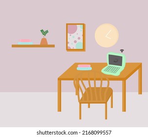 Vector illustration of a pastel office room with a notebook on a wooden table, a chair in front of the table, a wooden shelf on the wall of the room.