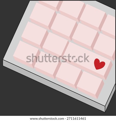 Vector illustration of a pastel pink keyboard with a minimalist design. One key stands out with a small red heart symbol, adding a cute and charming touch.