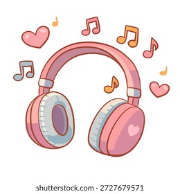 Ilustração vetorial de fones de ouvido cor-de-rosa pastel cercados por notas musicais coloridas flutuantes e corações. Estilo Kawaii desenhado à mão isolado no fundo branco. Perfeito para adesivos, amantes da música, Dia dos Namorados, e elementos de design bonitos.