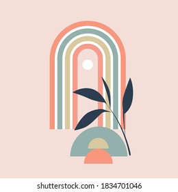 ilustración vectorial del arcoiris pastel con elemento geométrico y brote de planta sobre fondo rosa, estilo boho