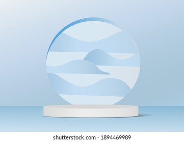 Vector illustration pastel sky blue color background with geometric podium Leaf shadow on the floor. Platforms shapes for product presentation minimal Abstract composition design, showcase, copy space