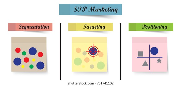 Vector Illustration Pastel Sticky Notes STP Marketing Process Means Segmentation, Targeting, And Positioning As Circles Then Aim At Selected One Then Compare To Other Ones On White Background