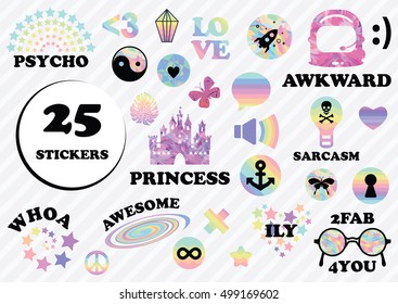 vector illustration for pastel trendy stickers for messenger or social media in modern style and different slang expressions and symbols like rainbows, hearts, stars