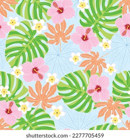 Vector illustration. Pastel tropical leaves and flowers on sky blue background seamless repeat pattern. Best for kids clothing and nursery decor.