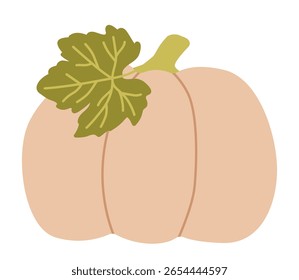 Vector illustration of a pastel-colored pumpkin with a green leaf attached, showcasing a simple and modern design. Ideal for autumn-themed projects and creative backgrounds.