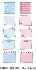 Vector illustration of pastel-colored sticky notes and notepads in blue and pink, featuring various designs like lined, dotted, and clipped paper styles.