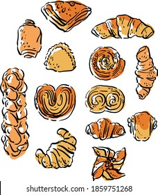 Vector illustration with pastries, croissants, buns