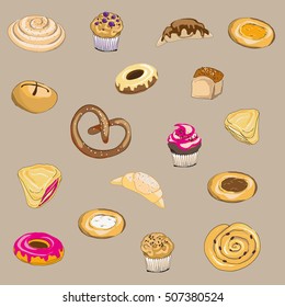 Vector illustration of pastries on brown background