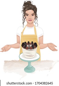 vector illustration of a pastry brunette girl with chocolate cake logo