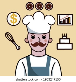 Vector illustration of a pastry chef thinking about baking making a living business