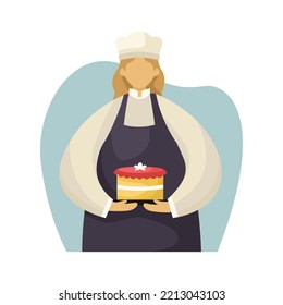 Vector illustration of a pastry chef in uniform with a cake in her hands. Profession. Flat style
