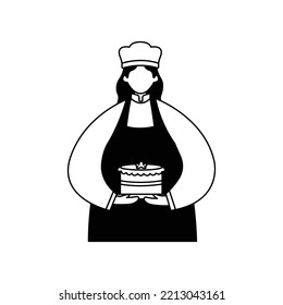 Vector illustration of a pastry chef in uniform with a cake in her hands. Profession. Line art