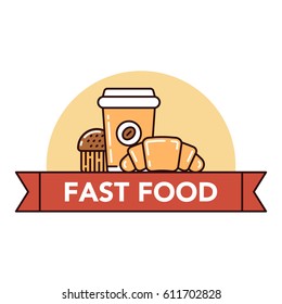 Vector illustration of pastry and coffee cup are standing on white background with lettering. Fast food topic.