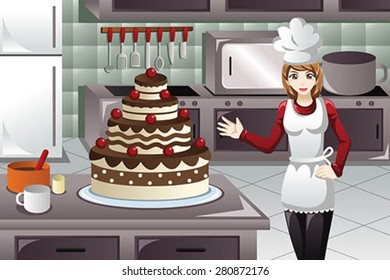 A vector illustration of pastry cook decorating a cake