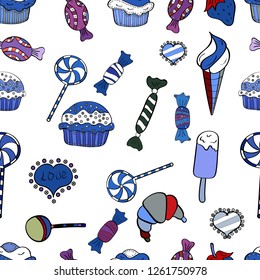 Vector illustration. Pastry. Cupcakes flavors doodle illustration on white, blue and black. Seamless of hand drawn vintage style cupcakes and muffins.