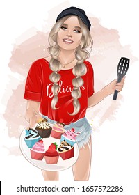 vector illustration of a pastry girl caring the plate with delicious cupcakes