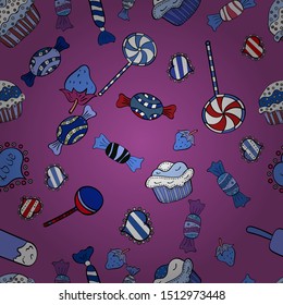Vector illustration. Pastry. Seamless of hand drawn vintage style cupcakes and muffins. Cupcakes flavors doodle illustration on purple, blue and black.