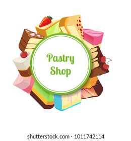 Vector illustration for pastry shop or confectionary with cartoon tasty cake. Pastry cake food dessert, chocolate cupcake with cream