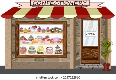 Vector illustration with a pastry shop.Showcase of a confectionery store with desserts on the shelves.