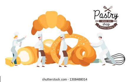 Vector illustration of pastry such as buns, croissant, swirl, bagel, pretzel. Banner illustration for a bakery shop.