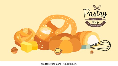Vector illustration of pastry such as buns, croissant, swirl, bagel, pretzel. Banner illustration for a bakery shop.
