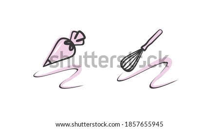 Vector illustration with pastry tools. Pastry bag and whisk. Design element for pastry chef, chocolatier, baker.