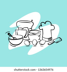 Vector illustration with pastry tools. Sweet life. Design element for menus, posters, banners, cards, templates, and other uses.