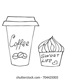Vector illustration with pasty goods. Baked tasty food and coffee. Design elements, sketch illustrations. Cupcake, muffin