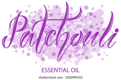 Ilustración vectorial de Patchouli
Texto esencial de aceite para logotipo, embalaje, banner, etiqueta, afiche, decoración, postal. Fondo de la caligrafía del aceite esencial de Patchouli. EPS 10.