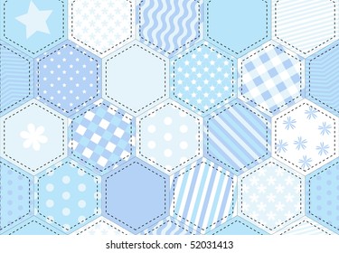 A vector illustration of a patchwork quilt background in shades of blue