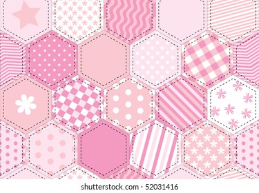 A vector illustration of a patchwork quilt background in shades of pink