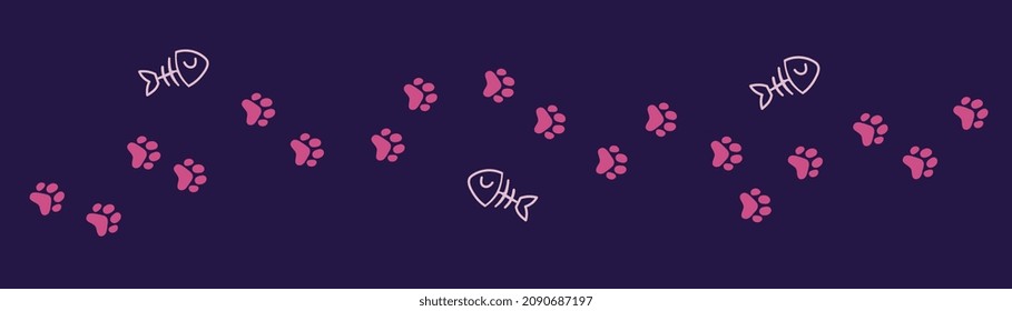 Vector illustration of path of animal paw print on dark color background and fish bone. Flat style design of seamless pattern with cat paw for web, site, banner, poster, card