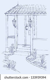 Vector illustration. The path leading to the front porch cozy home, surrounded by flowers