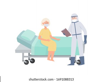 Vector illustration of patient and doctor in prevention clothes isolated on white. Standing medical worker in prevention masks from coronavirus supporting sick old woman