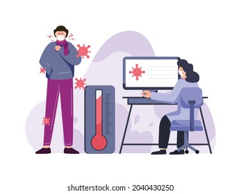 Ilustración vectorial, paciente haciendo revisión para el test de covid 19 con antecedentes médicos.