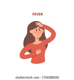 Vector illustration of patient with fever of coronavirus. Cartoon sick woman isolated on white in cartoon style. Concept illustration used for magazine, web-pages, poster