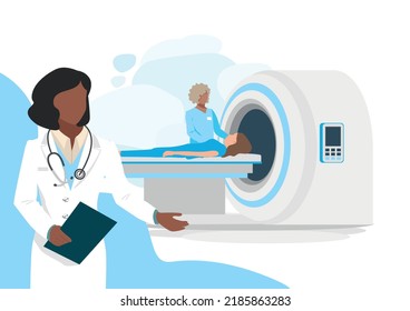 Vector illustration of a patient undergoing MRI diagnostics in a medical center. Magnetic resonance imaging. Modern medical technologies.