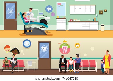 A vector illustration of Patients and Dentist at Dental Office 