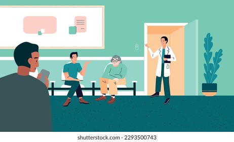 Vector illustration of patients in a doctor's waiting room awaiting their medical appointment