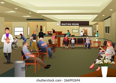 A vector illustration of patients waiting in a hospital waiting room