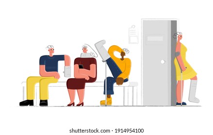 Vector illustration with patients waiting in line for doctor. They have broken limbs in plaster casts. Concept traumatology, medicine.